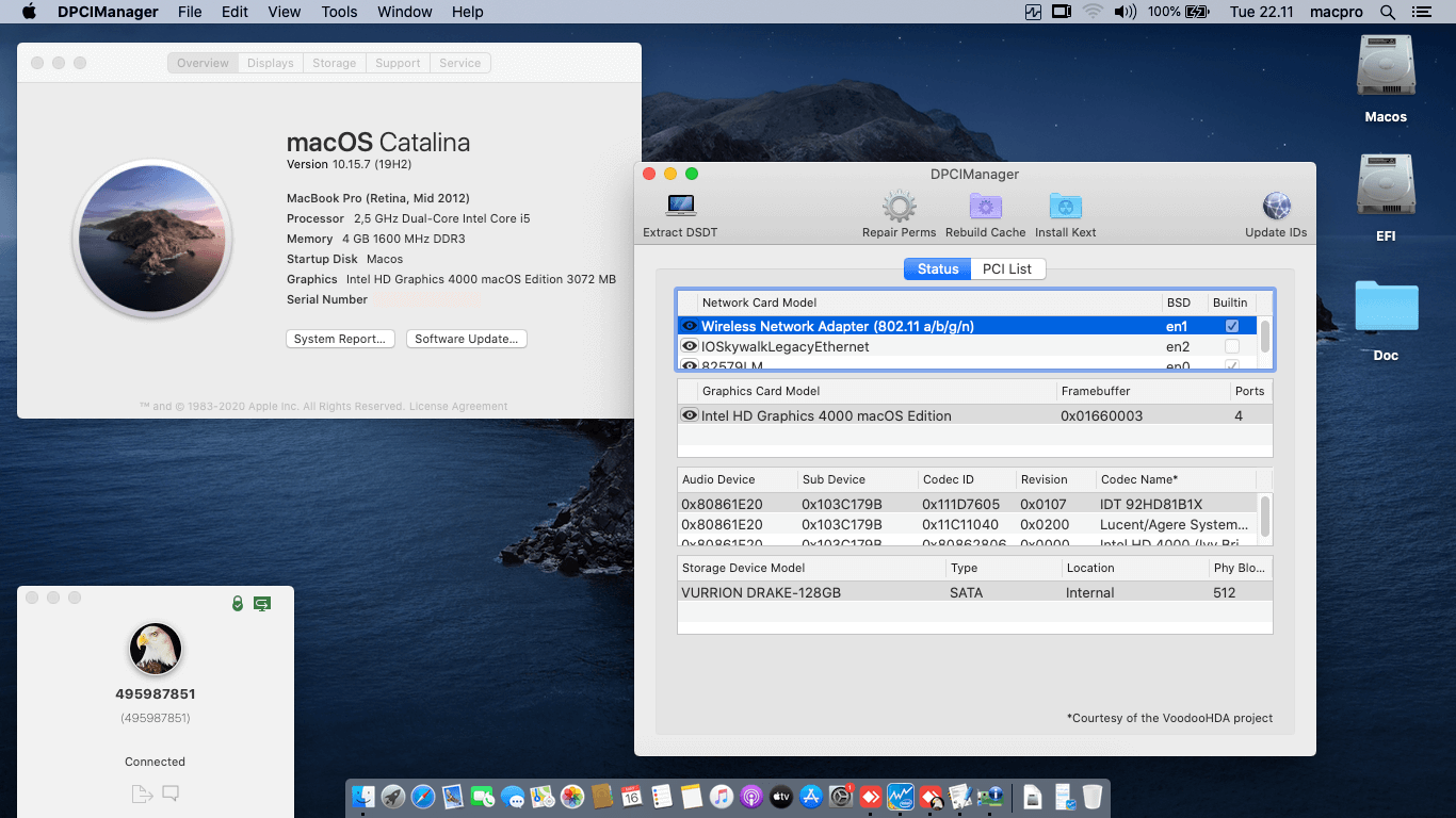 Success Hackintosh macOS Catalina 10.15.7 Build 19H2 in HP Elitebook 8470P